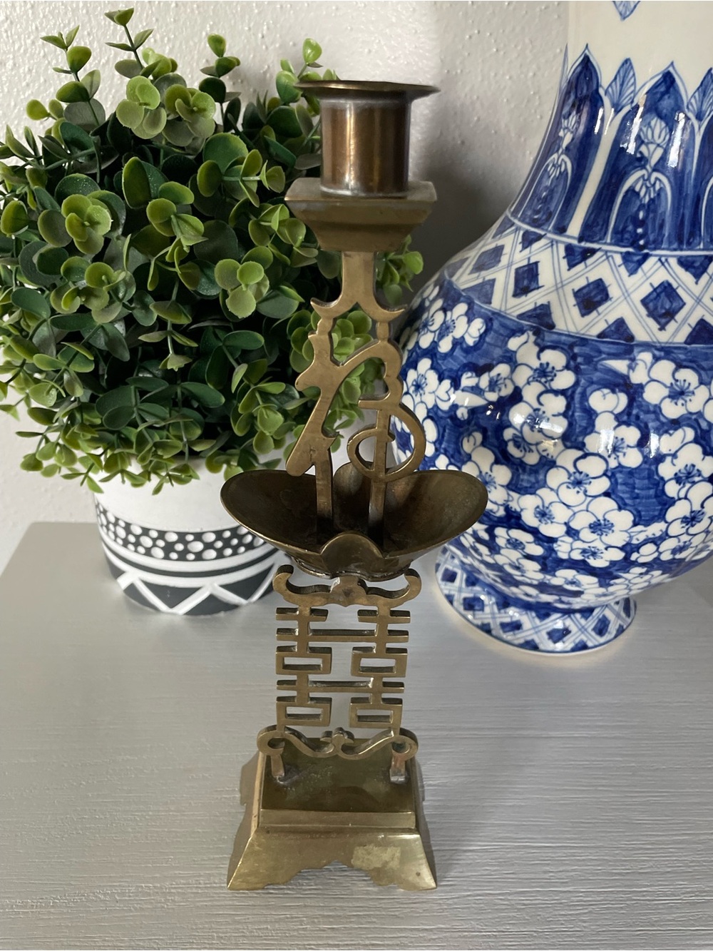 Antique Chinese Qing solid Brass Candle stick Holder 11”x3.5”